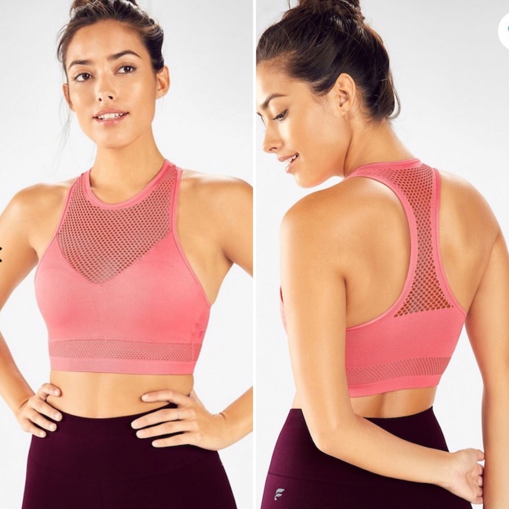 Fabletics Maran Seamless Mesh Midi Sports Bra Rosie Mauve Pink